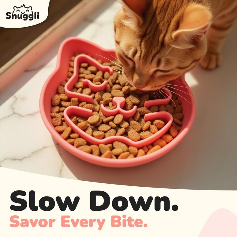 Snugli Slow Feeder Cat Bowl | Cat Puzzle Feeder for Slow Eating, Mental Enrichment, Digestion, & Bloat Relief | Non-Slip Silicone, Dishwasher Safe, 1 Cup (Coral) - Image 2